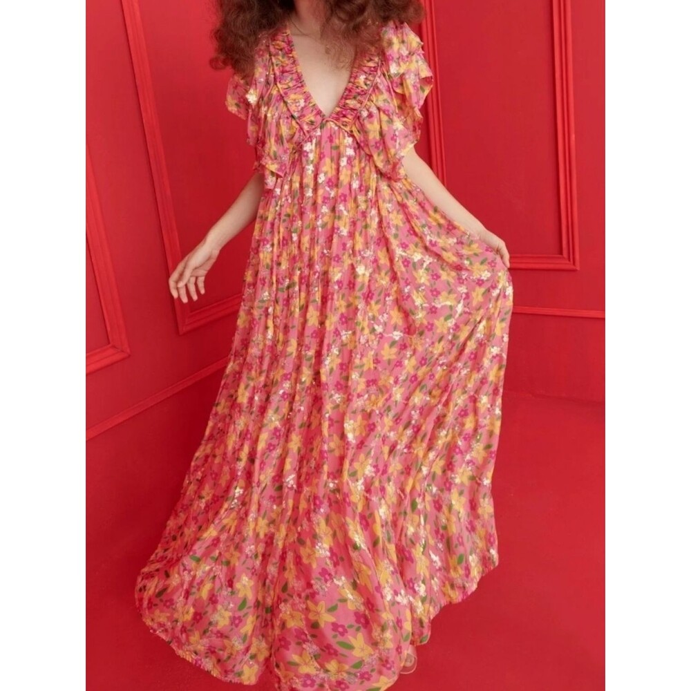 CeliaB Pink Floral Sequin Ruched Dress Size XS New Feminine Festival Summer